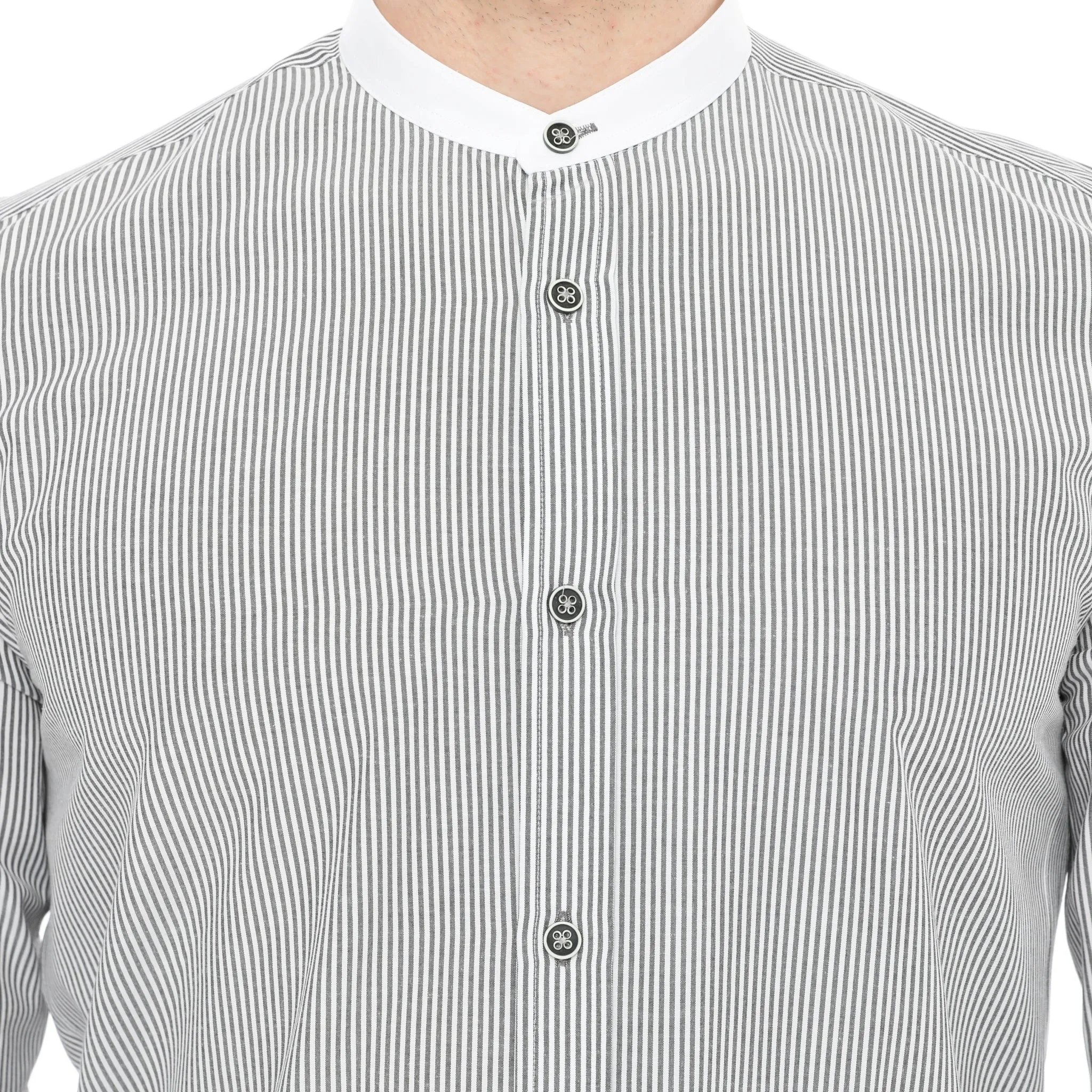 Xact Mens White Collar Striped Grandad Shirt - Long Sleeved