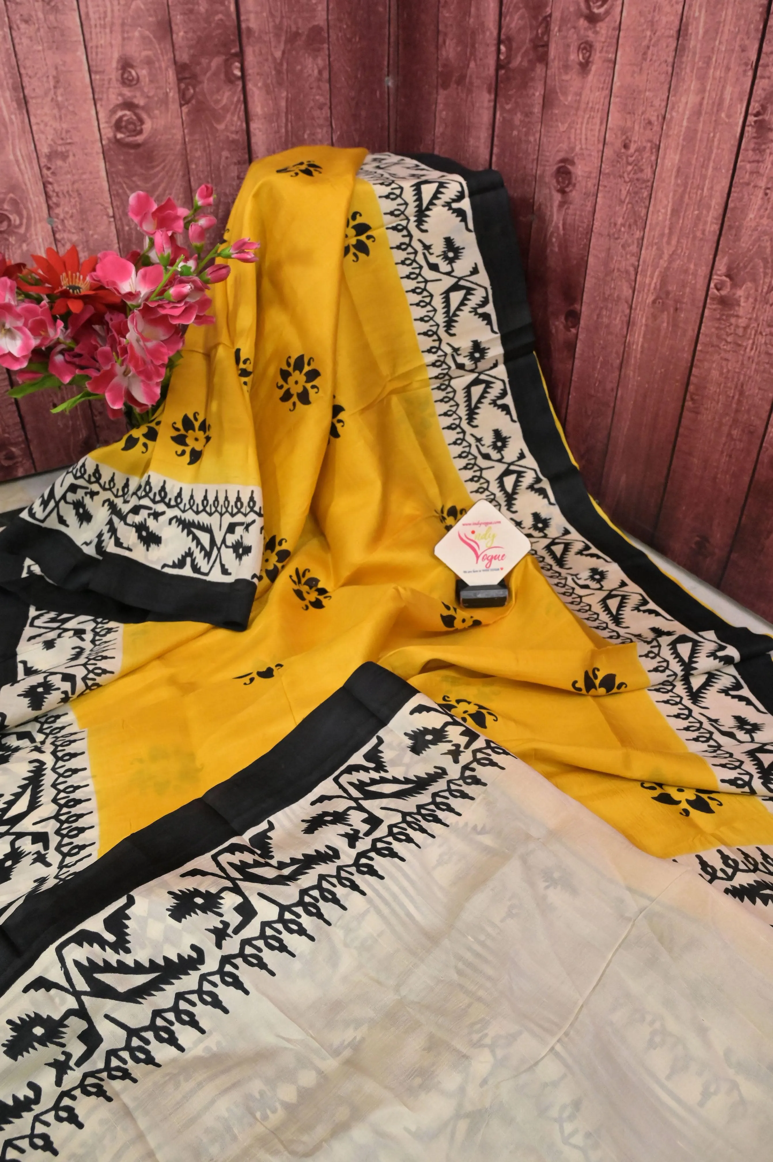 Yellow and Black Color Bishnupur Silk Saree with Jamdani Block Print Work