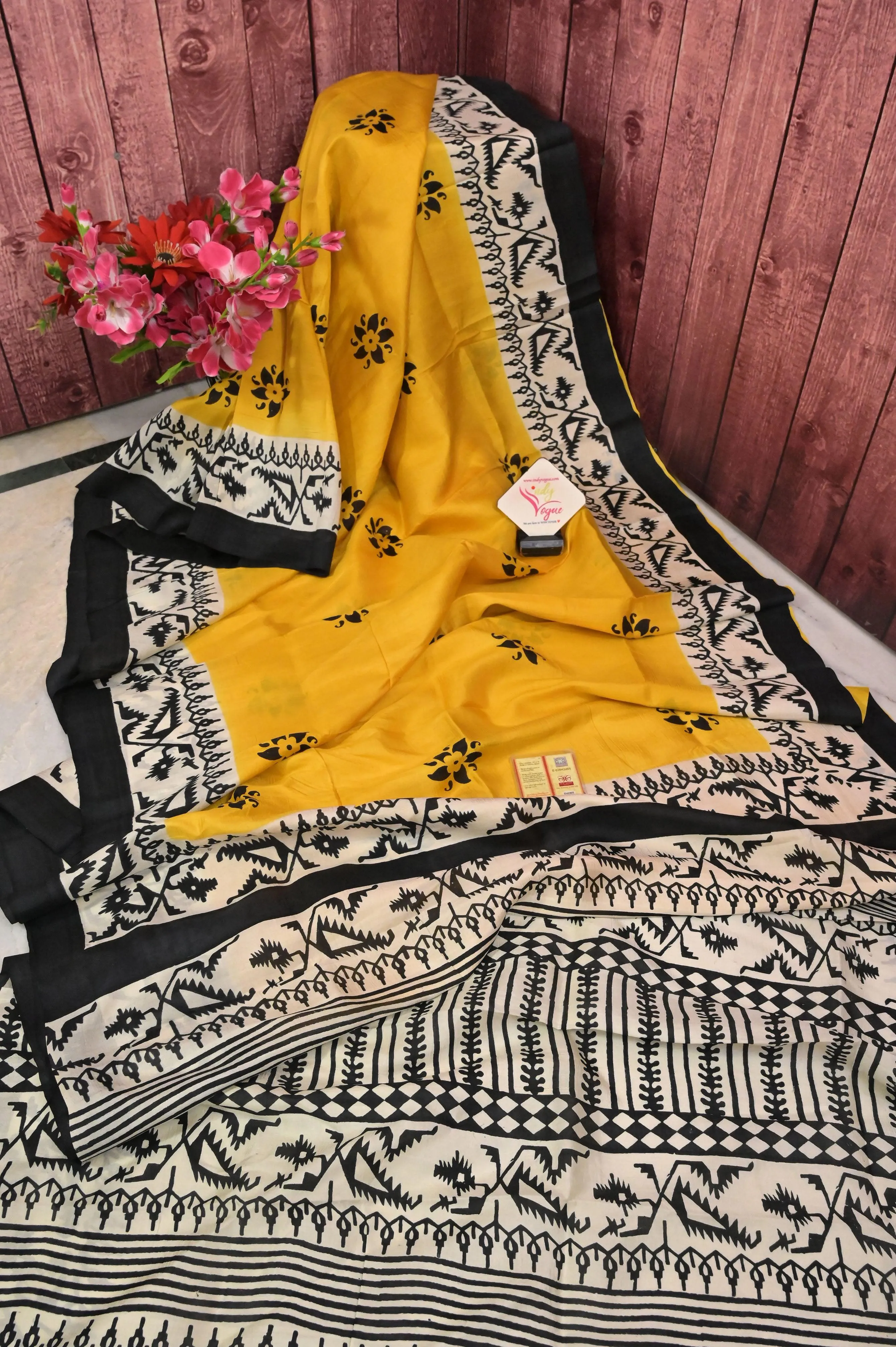 Yellow and Black Color Bishnupur Silk Saree with Jamdani Block Print Work