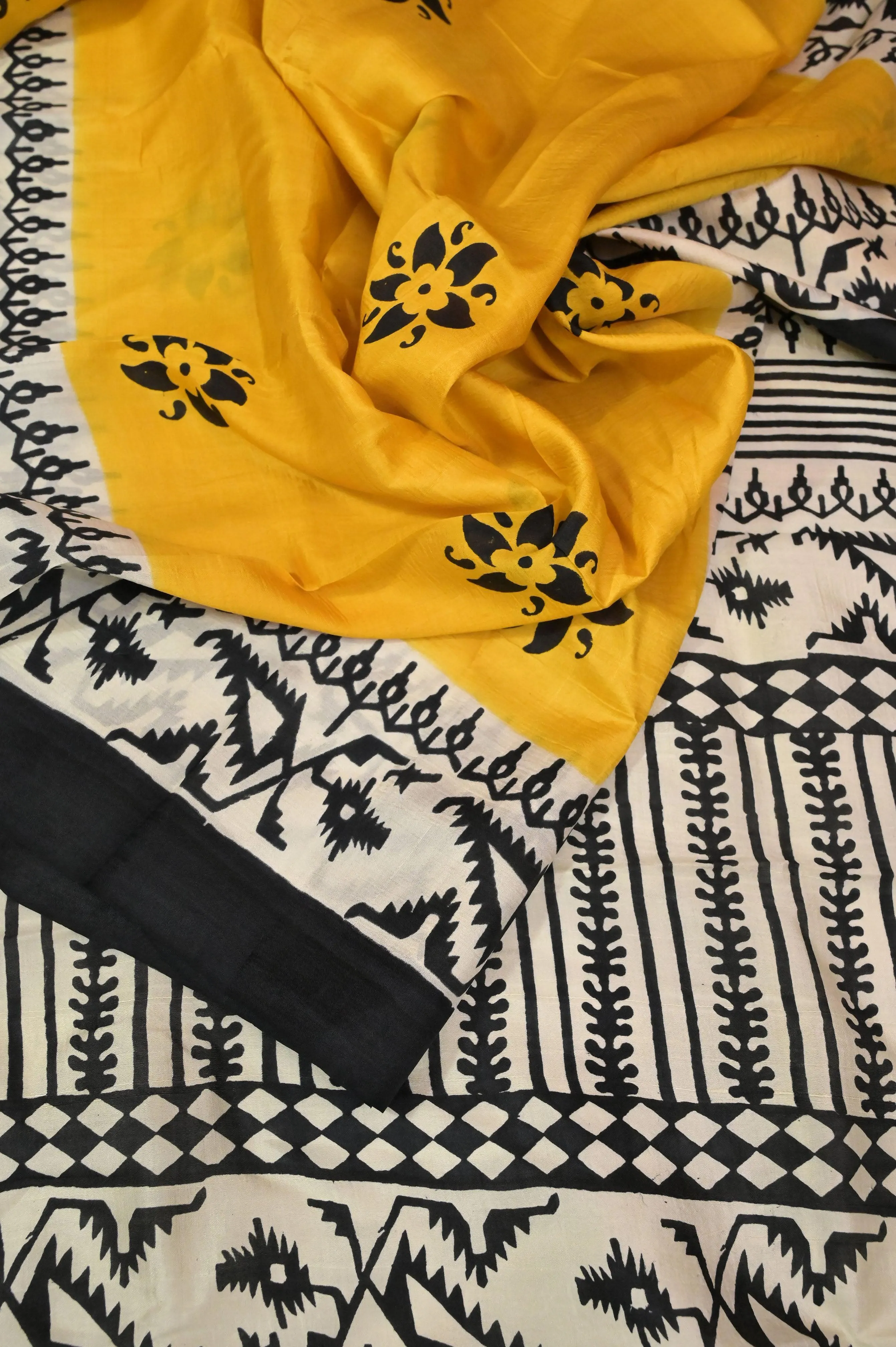 Yellow and Black Color Bishnupur Silk Saree with Jamdani Block Print Work