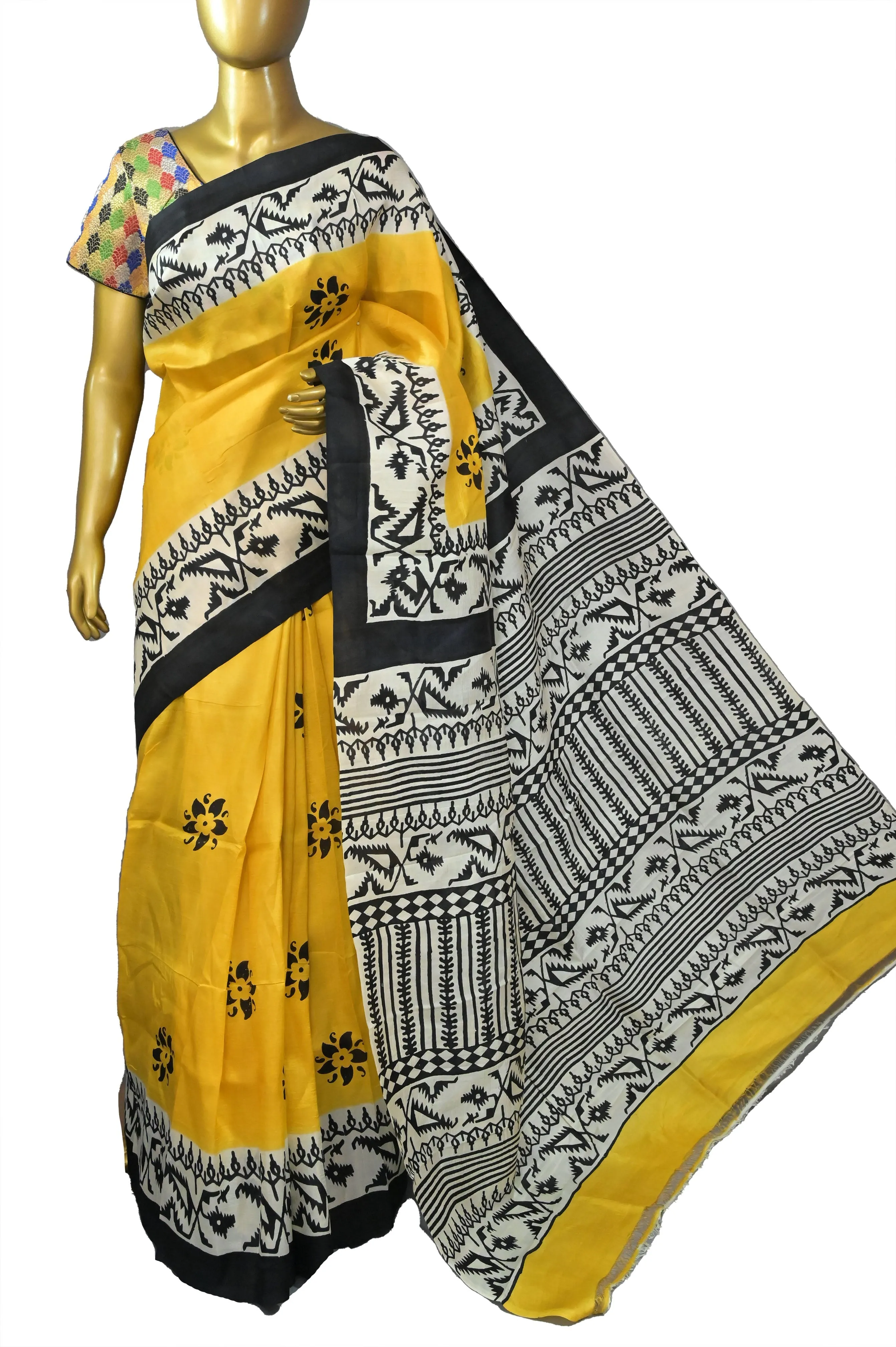 Yellow and Black Color Bishnupur Silk Saree with Jamdani Block Print Work