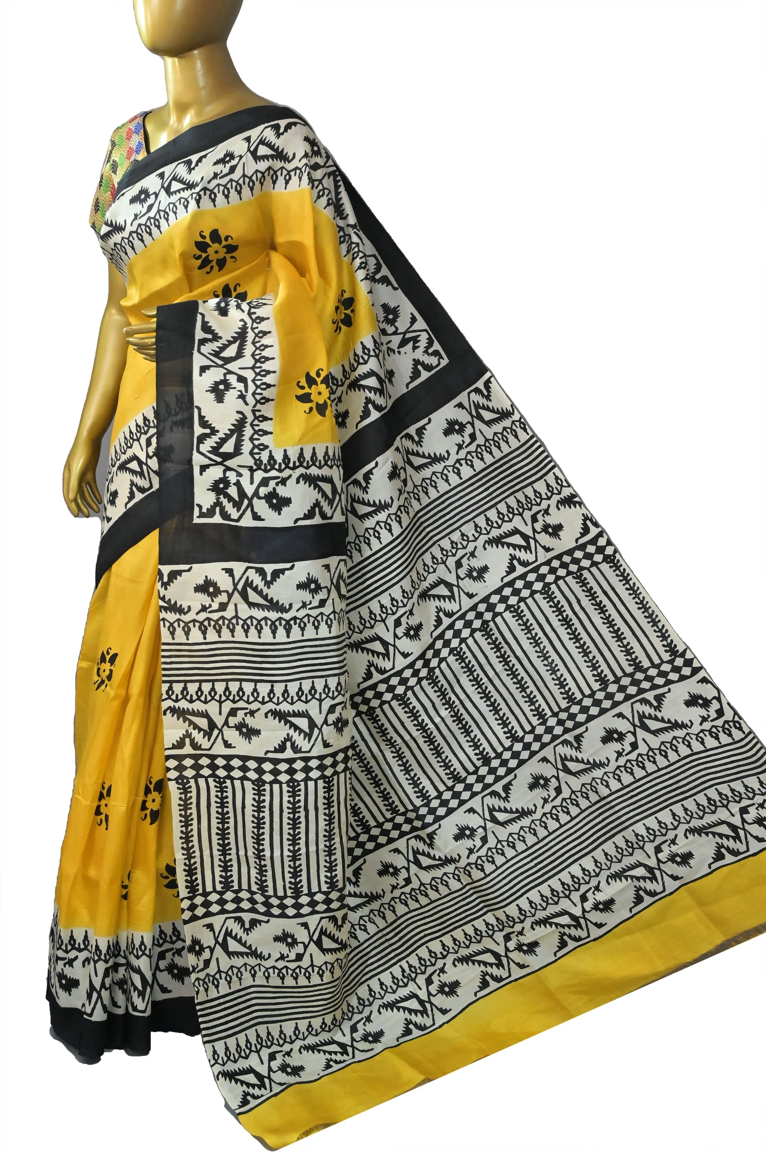 Yellow and Black Color Bishnupur Silk Saree with Jamdani Block Print Work