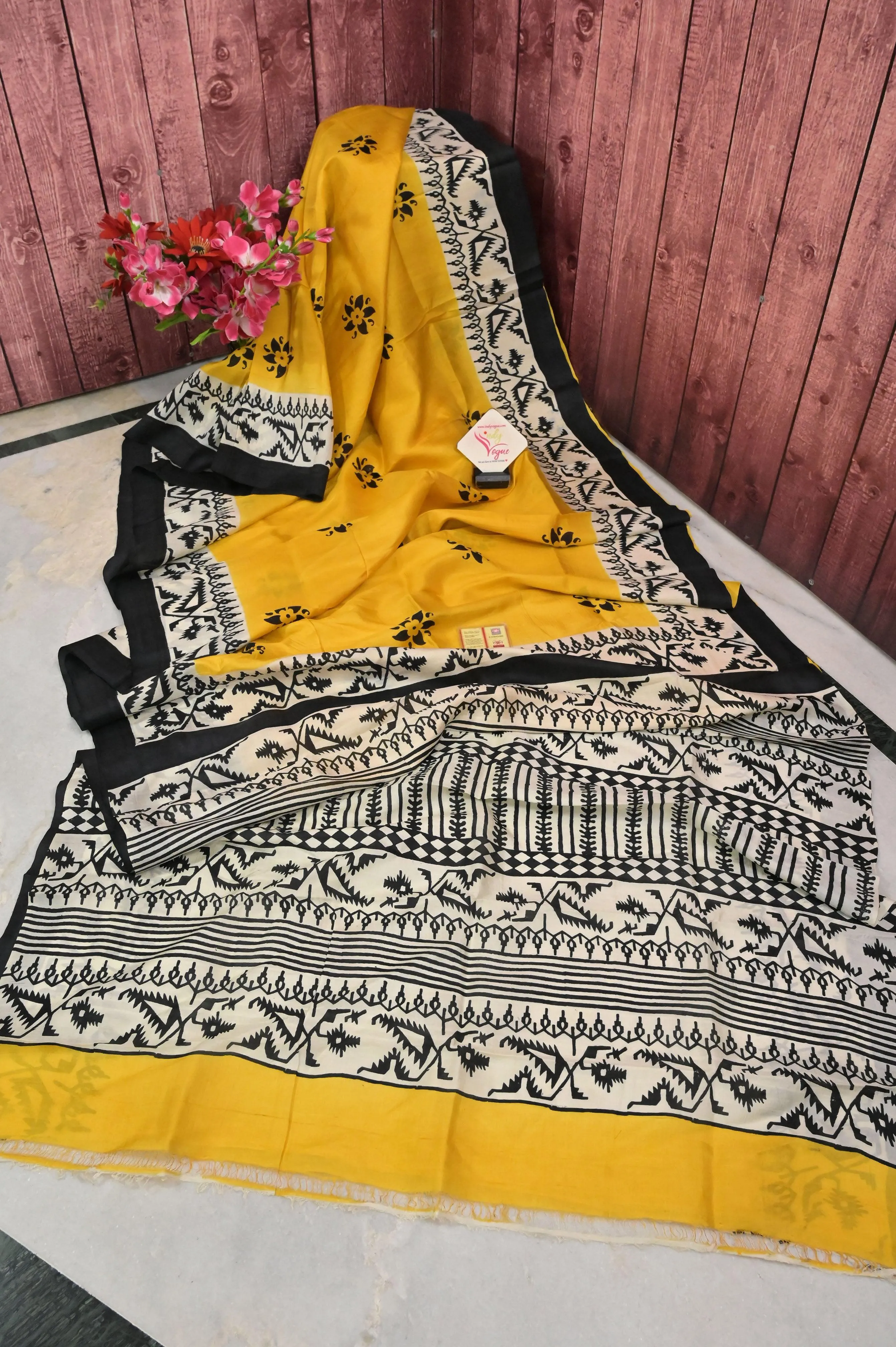 Yellow and Black Color Bishnupur Silk Saree with Jamdani Block Print Work