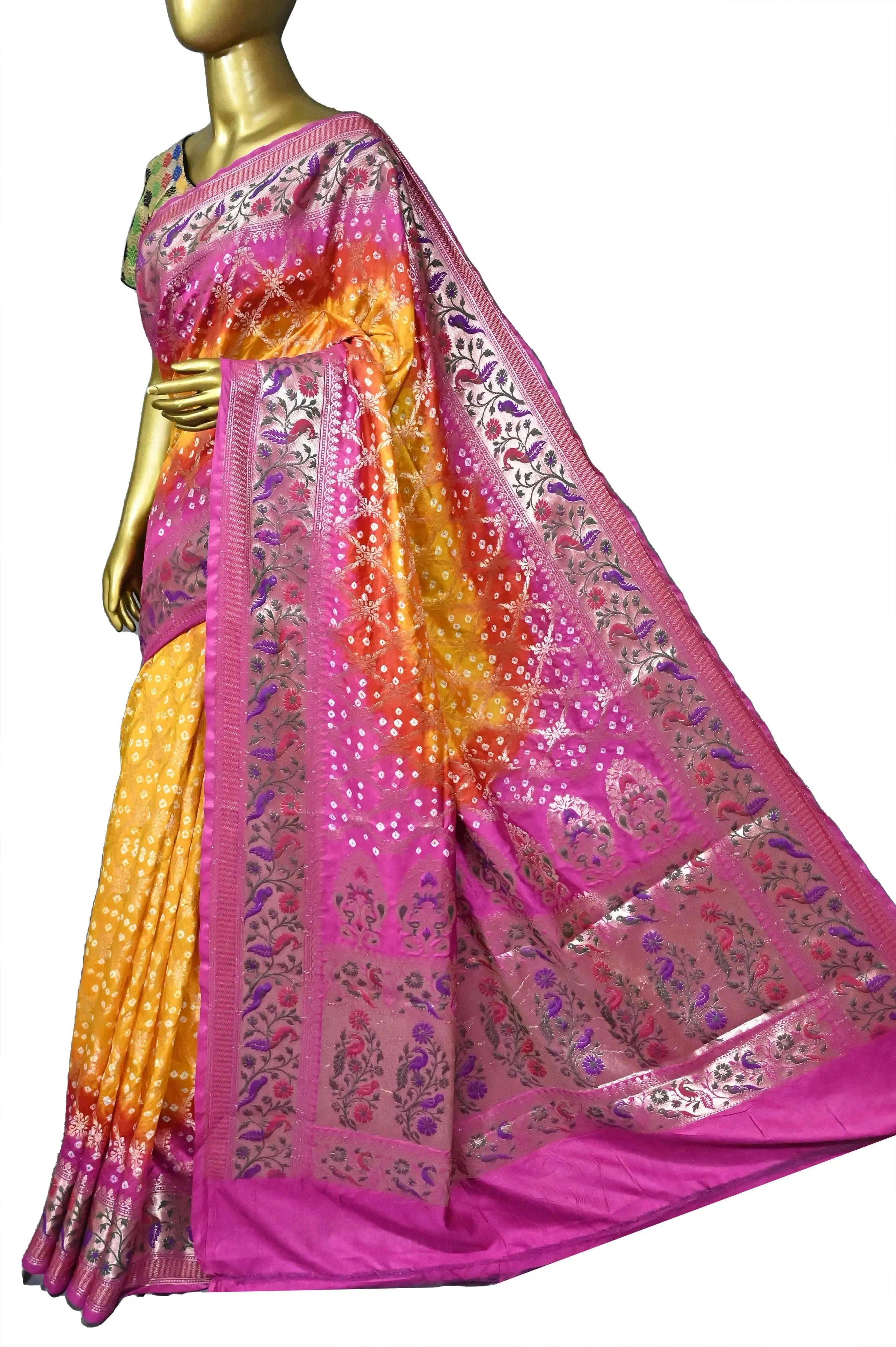 Yellow and Magenta Color Dupion Silk Saree with Hand Bandhani with Paithani Style Pallu