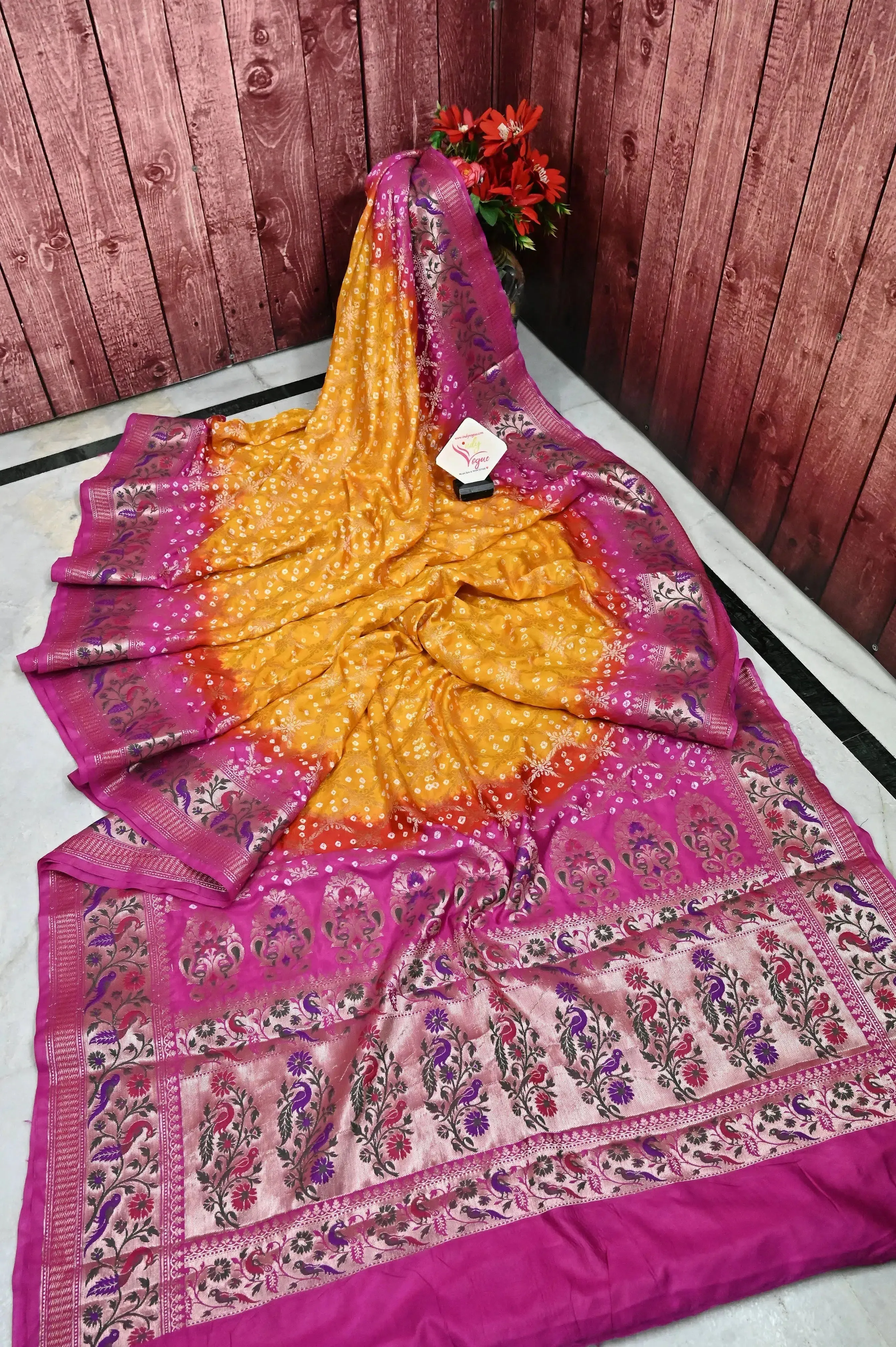 Yellow and Magenta Color Dupion Silk Saree with Hand Bandhani with Paithani Style Pallu