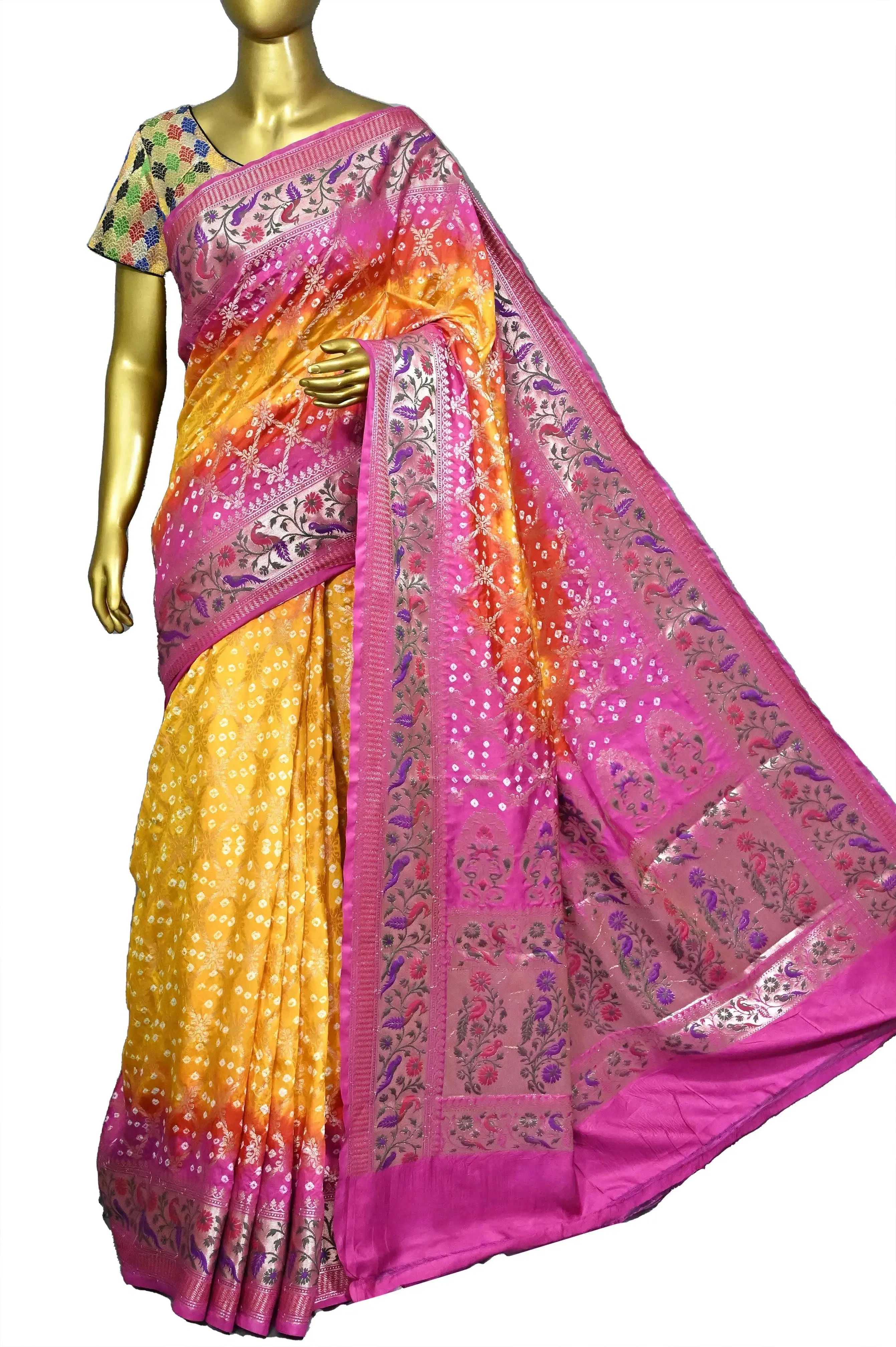 Yellow and Magenta Color Dupion Silk Saree with Hand Bandhani with Paithani Style Pallu