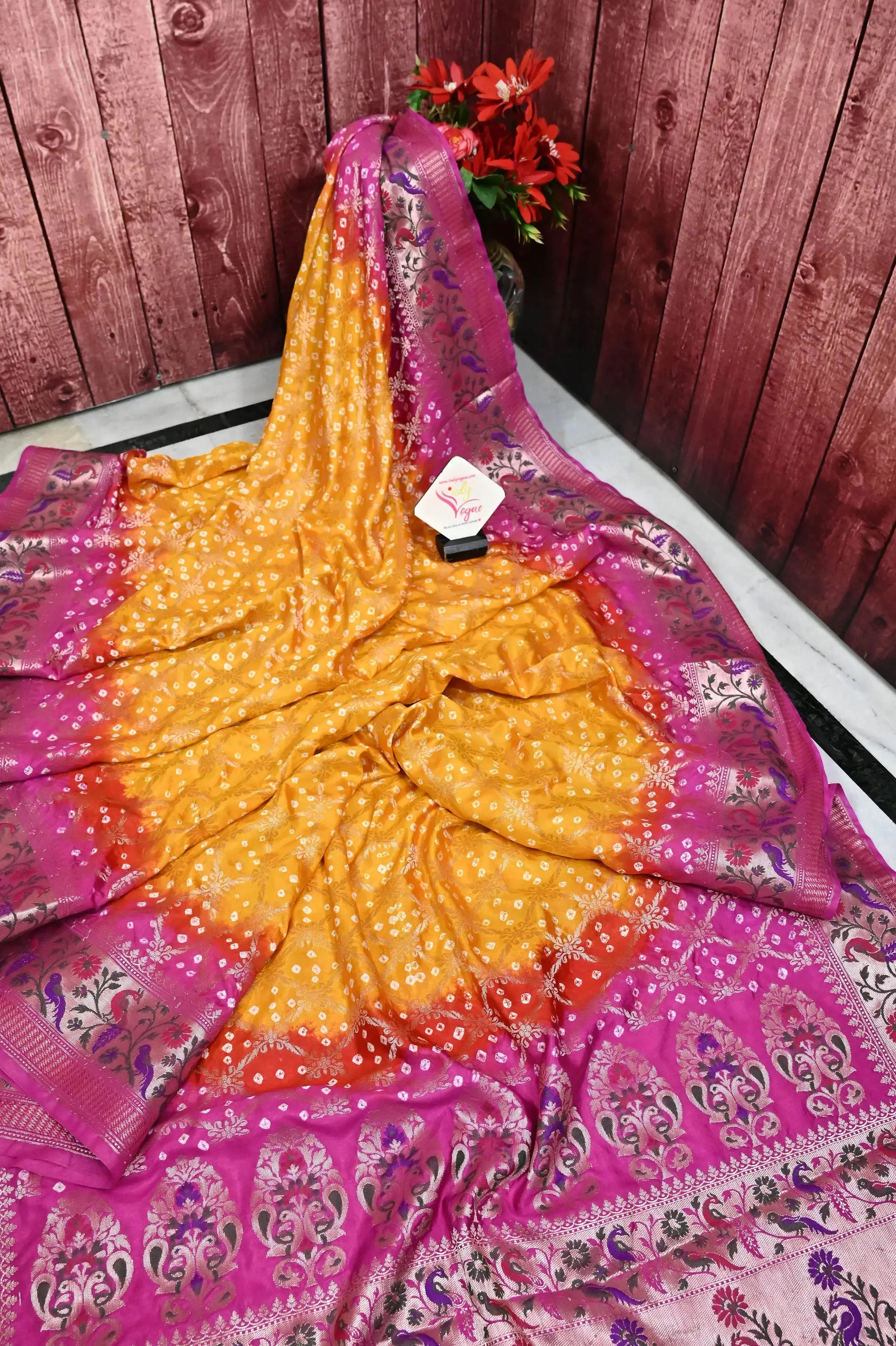 Yellow and Magenta Color Dupion Silk Saree with Hand Bandhani with Paithani Style Pallu