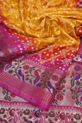 Yellow and Magenta Color Dupion Silk Saree with Hand Bandhani with Paithani Style Pallu