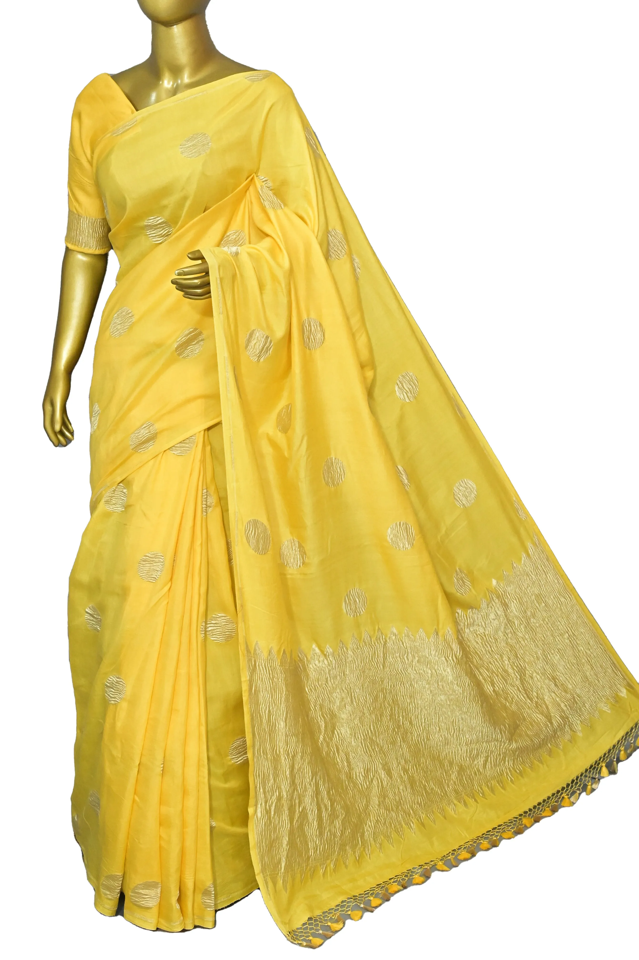 Yellow Color Georgette Katan Banarasi Saree with Crushed Tissue Pallu