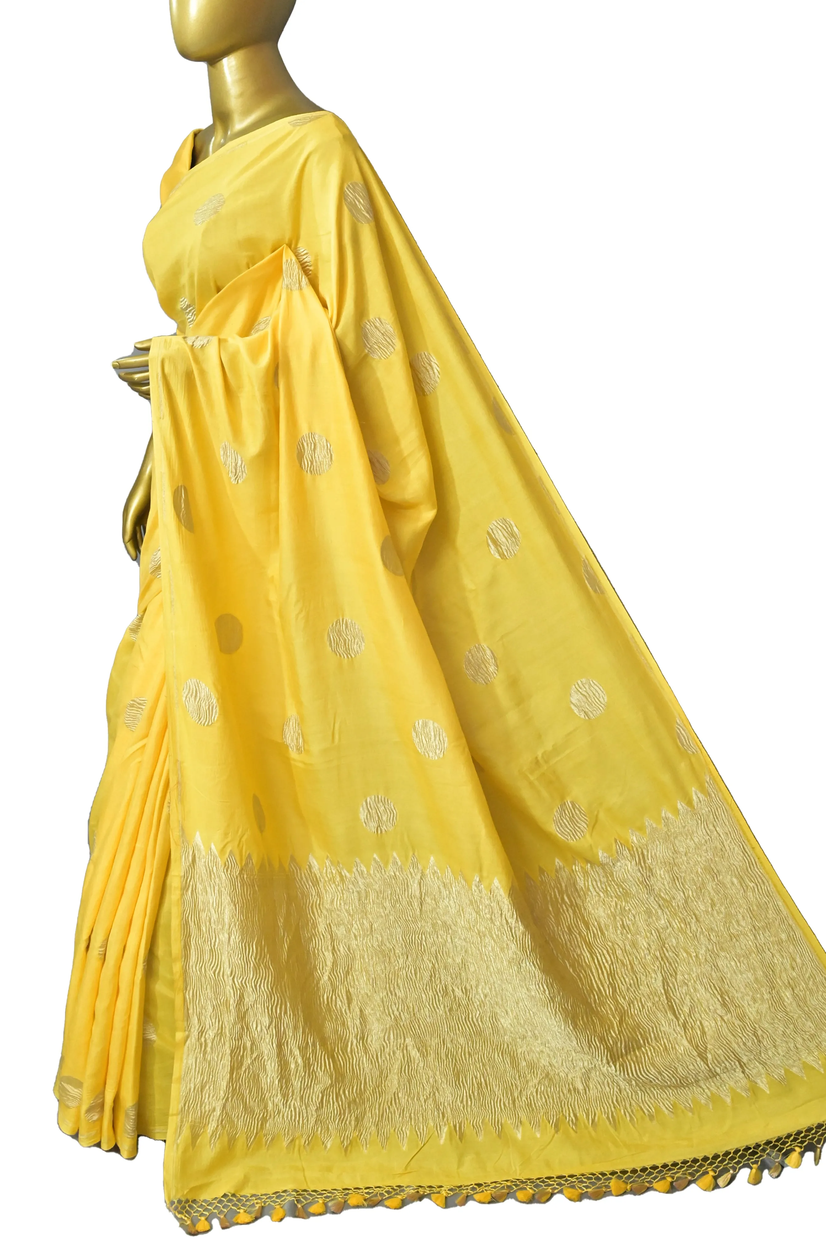 Yellow Color Georgette Katan Banarasi Saree with Crushed Tissue Pallu